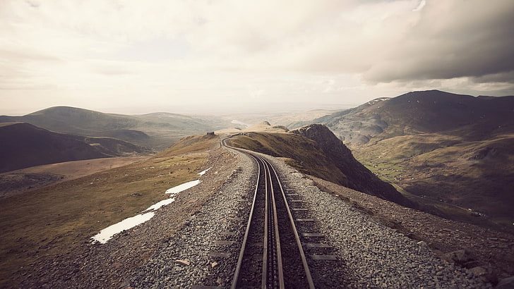 gray metal train tracks, mountains, railway, Snowdon, railroad track