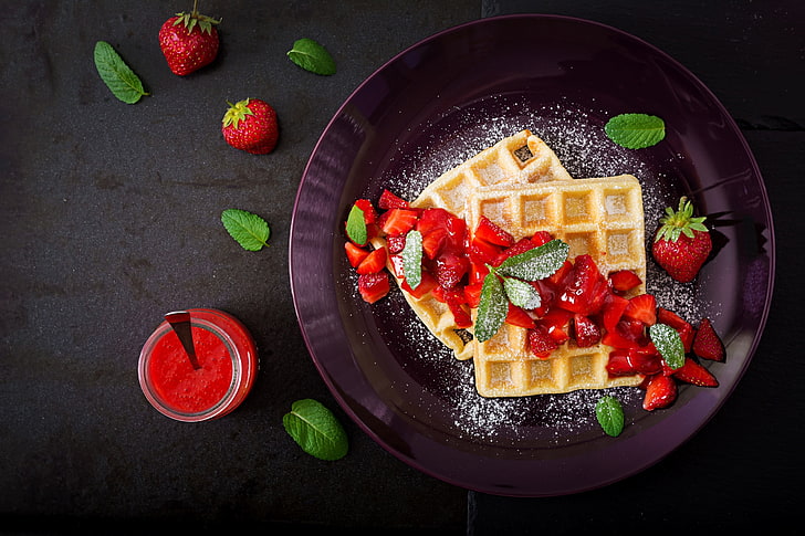 waffles, fruit, food, still life, strawberries, mint leaves, HD wallpaper