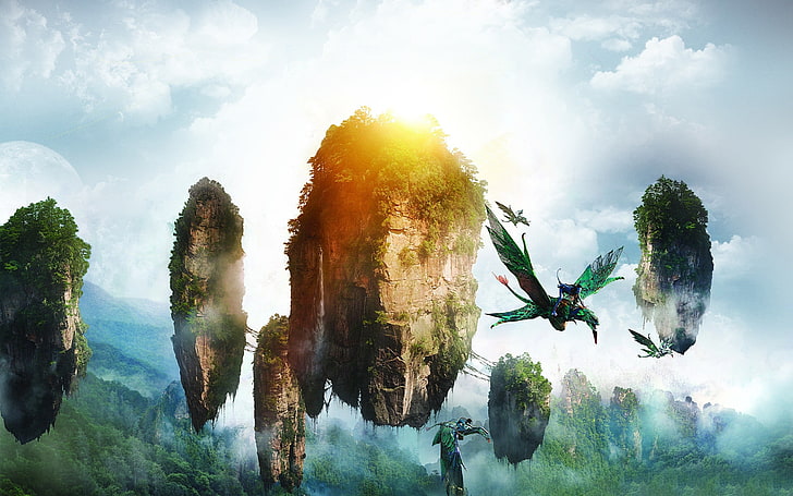 2012 Avatar movie scene, Neytiri, floating island, flying, sky, HD wallpaper