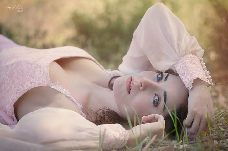 cleavage, grass, brunette, pink dress, sideboob, blue eyes, HD wallpaper