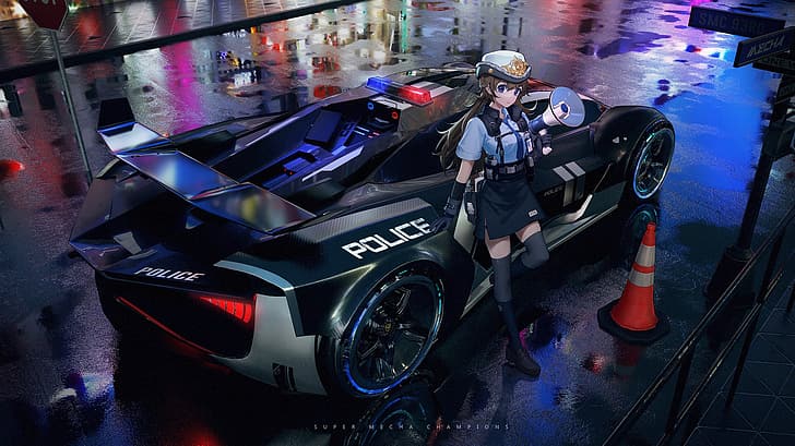 anime girls, police cars, night, Wang Xi
