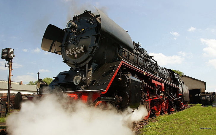 black and red train, vintage, steam locomotive, vehicle, steam train