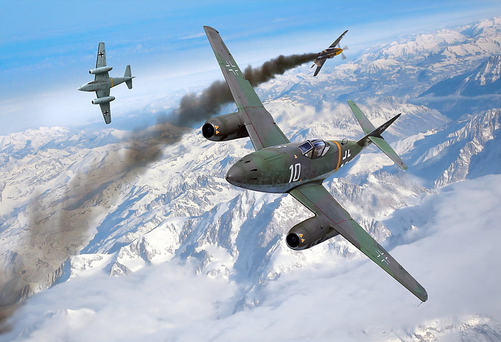 green and gray jet, snow, mountains, war, figure, Mustang, fighter
