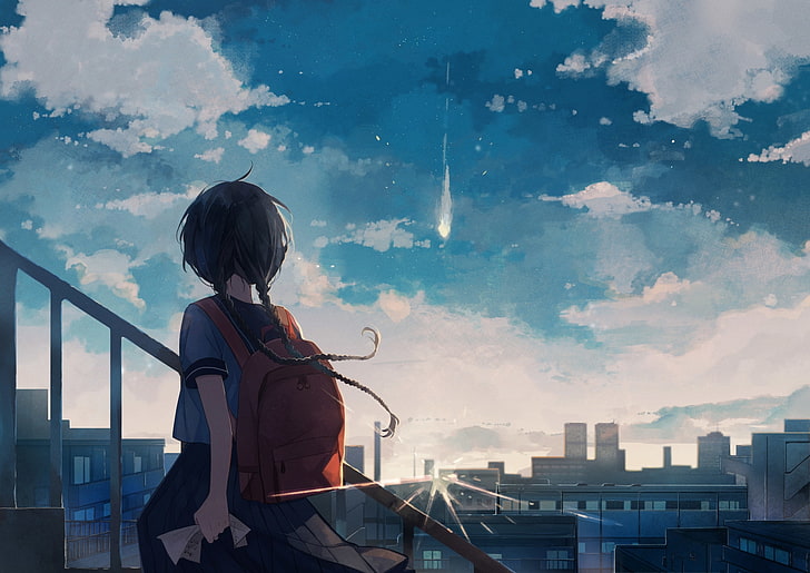 Hd Wallpaper Anime Girl School Uniform Back View Clouds Buildings Sunlight Wallpaper Flare Check out this fantastic collection of anime night wallpapers, with 46 anime night background images for your desktop, phone or tablet. hd wallpaper anime girl school