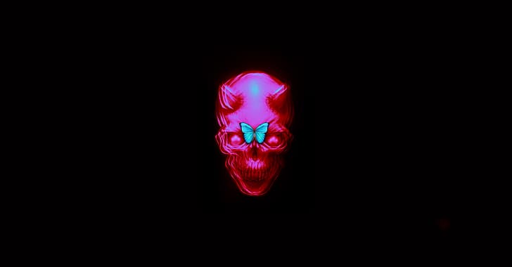 skull, Devil, butterfly, pink, dark, black background, glitch art, HD wallpaper