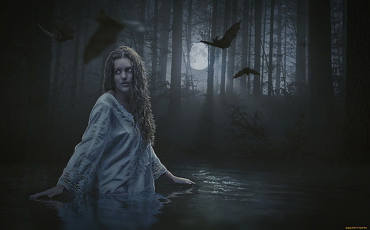 fantasy girl, dark, spooky, bats, forest, tree, young adult