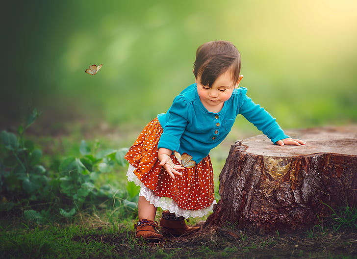 butterfly, nature, stump, girl, baby, child, Edie Layland, HD wallpaper