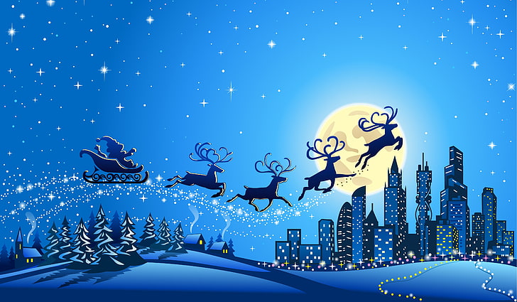 reindeer 3D wallpaper, stars, snow, trees, city, the city, vector