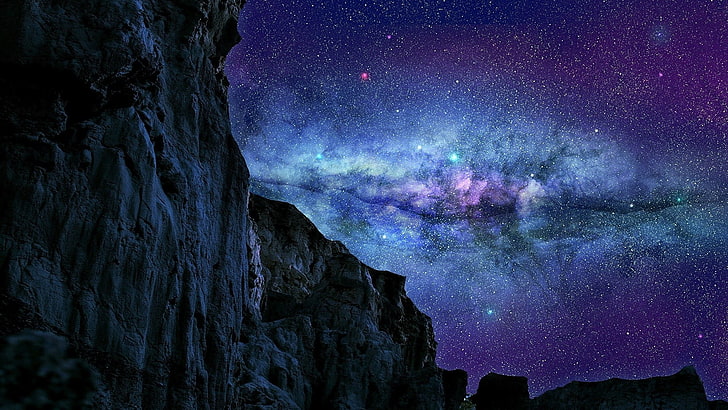 galaxy illustration, landscape, sky, stars, space art, mountains