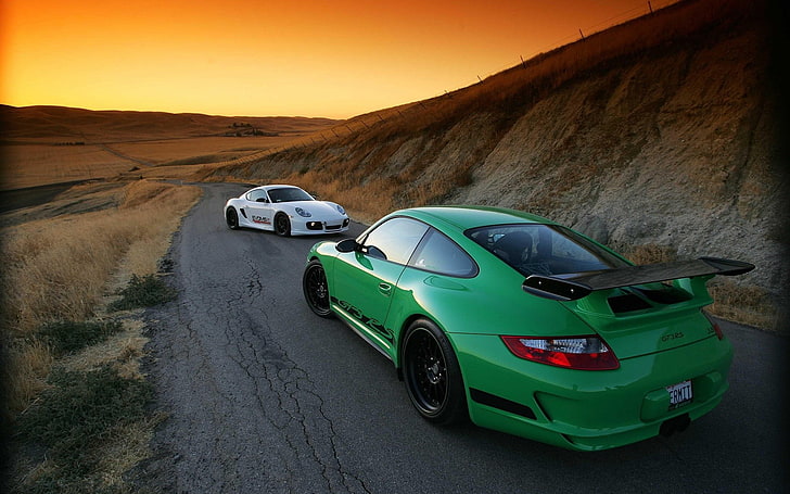 car, Porsche, Porsche 911 GT3 RS, sunset, road, landscape, green cars