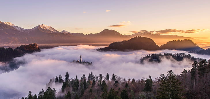landscape, nature, Slovenia, Lake Bled, sunrise, mist, mountains, HD wallpaper