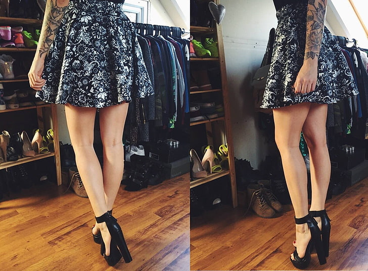 woman wearing black and white floral dress and black leather chunky heels