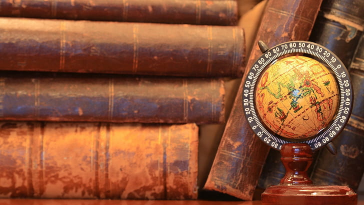 books, old, vintage, globes, miniatures, Earth, wood, HD wallpaper