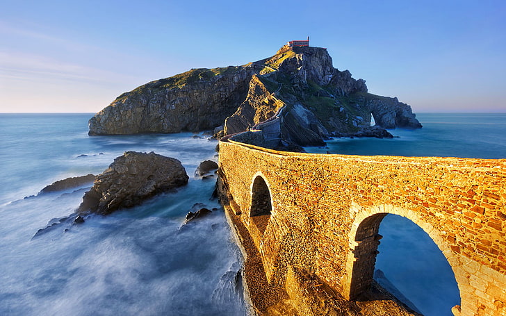 Gaztelugatxe, Spain, sea, bridge, rocks, island, arch, Basque Country, HD wallpaper