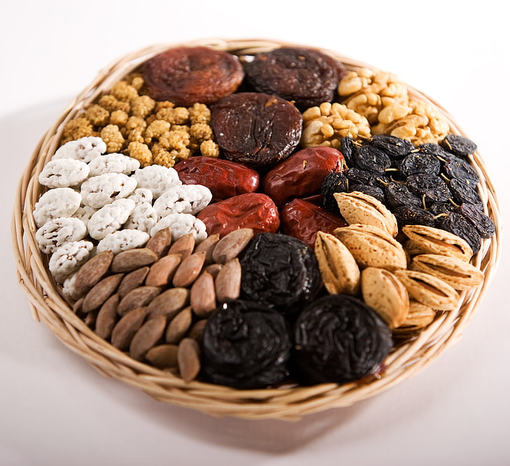 assorted nuts, basket, variety, food, dry, raisin, snack, healthy Eating, HD wallpaper