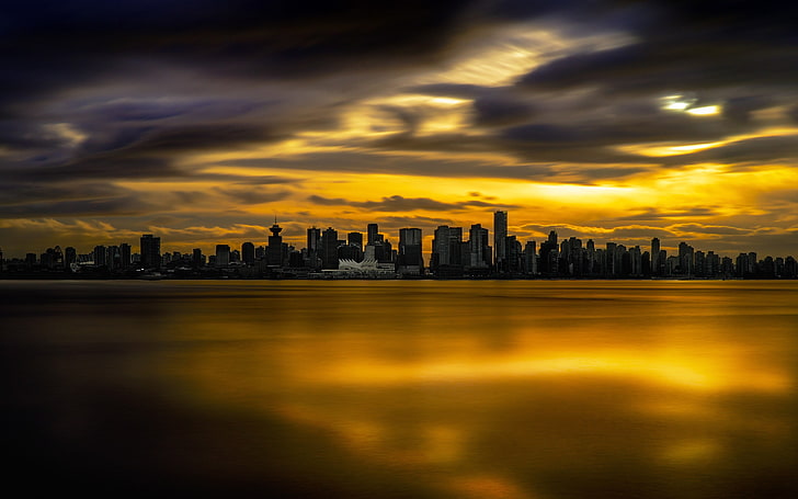 city building lot, cityscape, horizon, sunset, gold, Vancouver, HD wallpaper