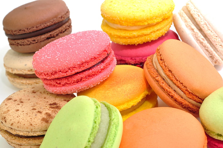 assorted bread lot, macaron, french confection, dessert, macaroon, HD wallpaper