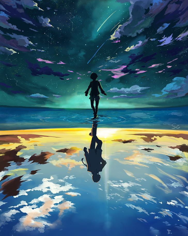 anime boy, floating, reflection, water, clouds, sky, scenic