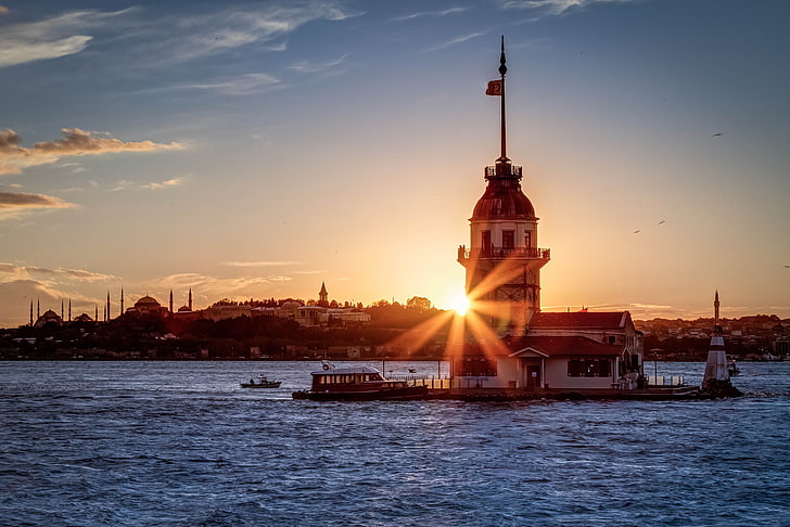 Maiden's Tower, Istanbul, the sun, rays, sunset, Turkey, the Bosphorus, HD wallpaper
