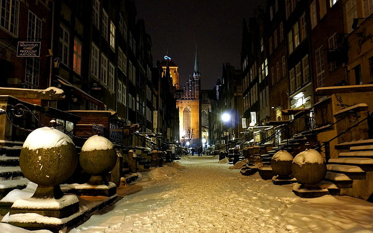Gdansk, Poland, night, street, winter, house, HD wallpaper