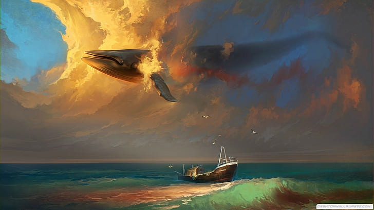 boat, surreal, clouds, fantasy art, whale, sky, sea