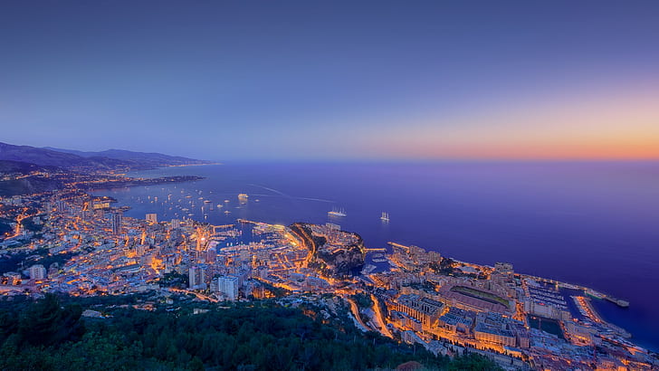 city, cityscape, coast, Monaco, sea, boat, sunset