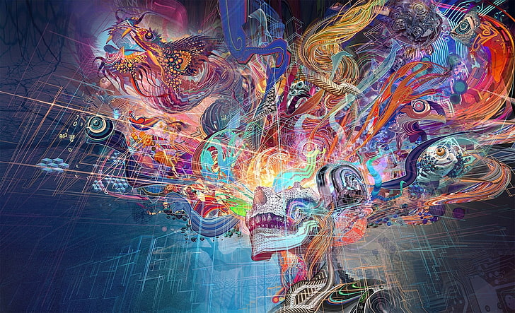 multicolored skull wallpaper, abstract, brain, skeleton, dragon