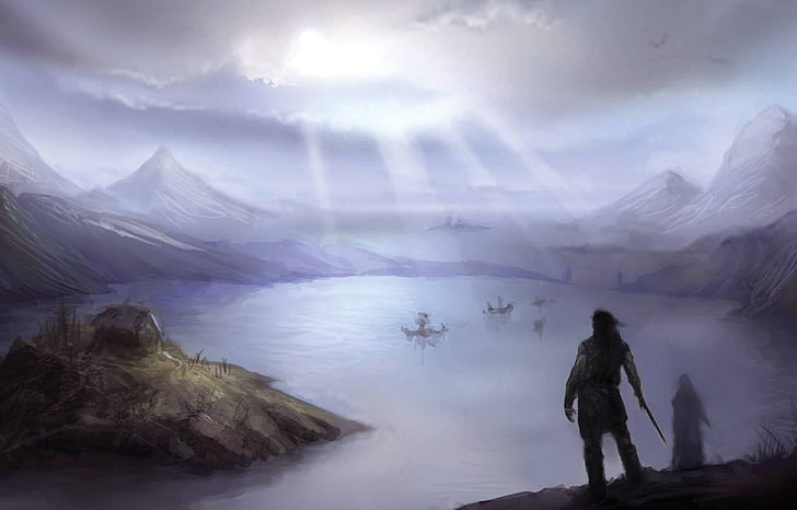 video game application, painting, Vikings, lake, mountain, scenics - nature, HD wallpaper