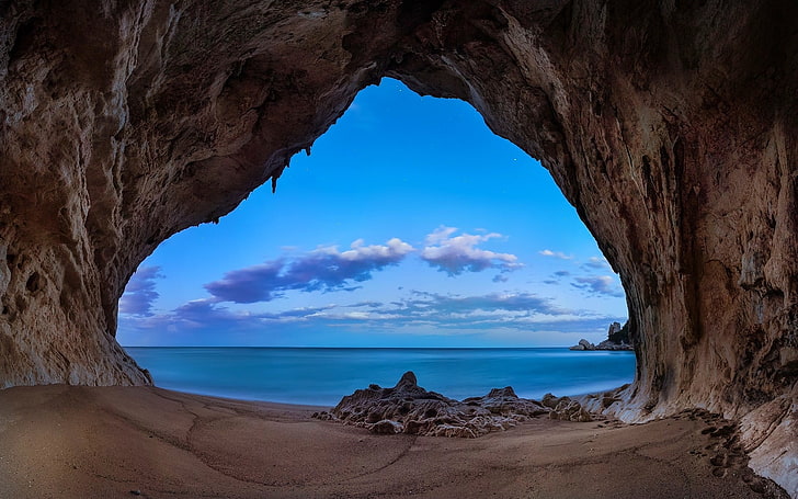 brown cave, landscape, nature, beach, sand, rock, sea, clouds