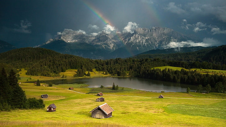 green grass field, rainbows, hills, forest, cottage, lake, clouds