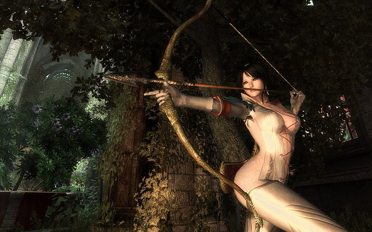 black haired woman holding bow wallpaper, Fantasy, Archer, Arrow