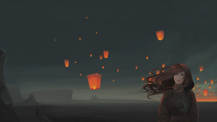 red haired woman wallpaper, sky lanterns, windy, original characters