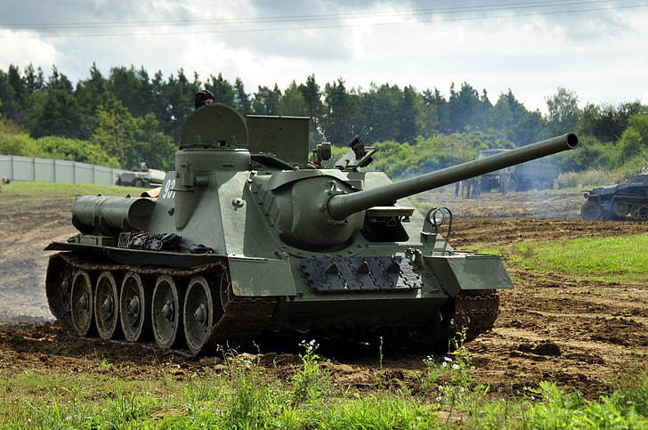 green battle tank, fighter, war, installation, Soviet, SU-100, HD wallpaper