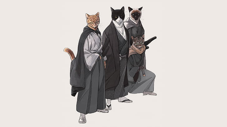 cats, Japan, samurai, kimono, simple background, katana