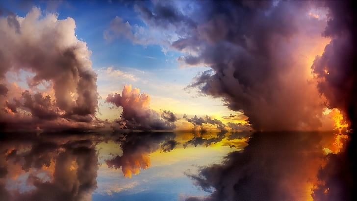 nature, water, sky, clouds, sunlight