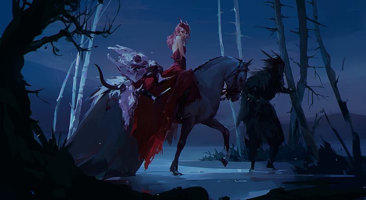 artwork, fantasy art, women, red dress, horse, skull
