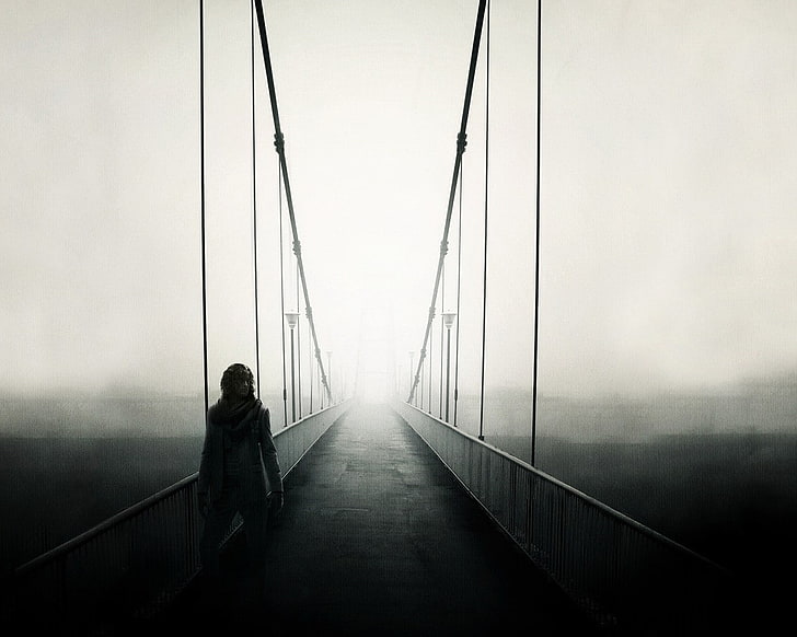 bridge, people, fog, architecture, one person, connection, adult, HD wallpaper