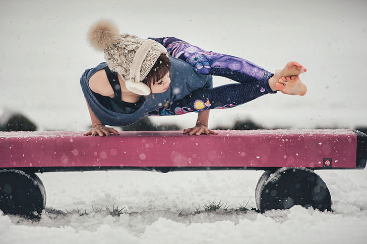 women, yoga, snow, Asian, barefoot, winter, cold temperature