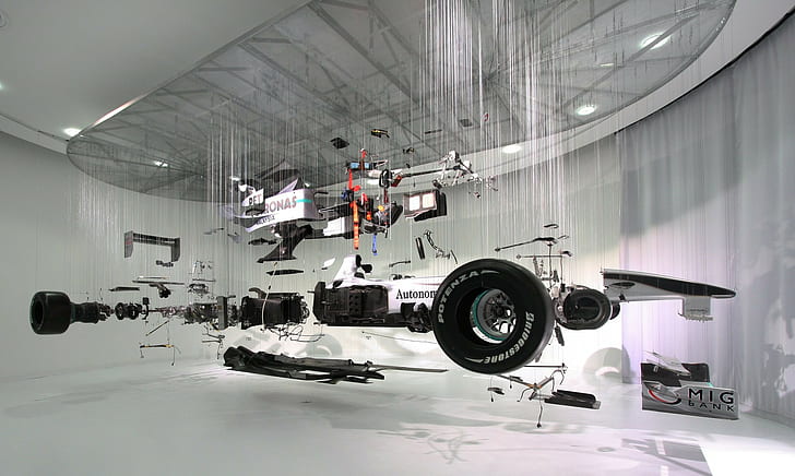 black automotive wheel, car, racing, Formula 1, indoors, machinery