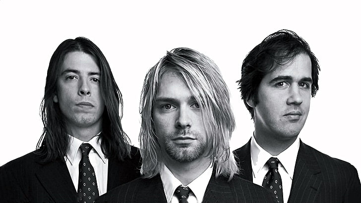 grayscaled photo of group of man, Nirvana, Kurt Cobain, Dave Grohl