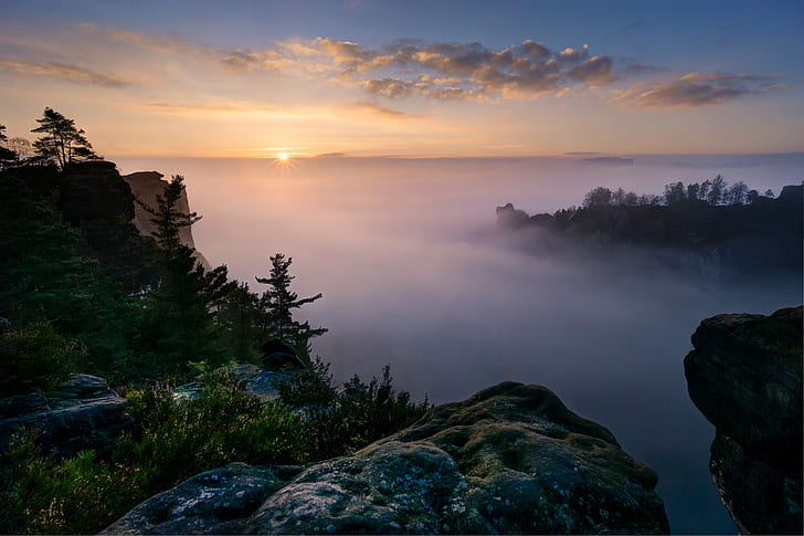 view top of the mountains with fogs and sunrise, über, dem, Bastei, HD wallpaper