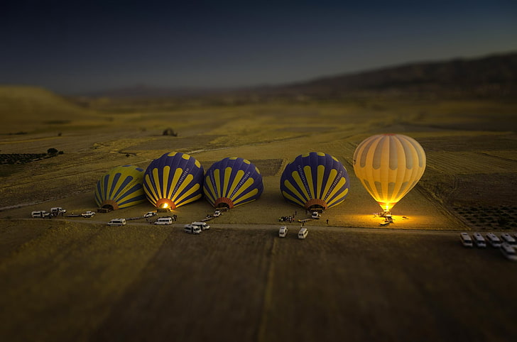 five hot air balloons, miniature of five hot air balloons, landscape, HD wallpaper