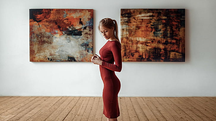 women, dress, side view, red dress, Georgy Chernyadyev, model, HD wallpaper