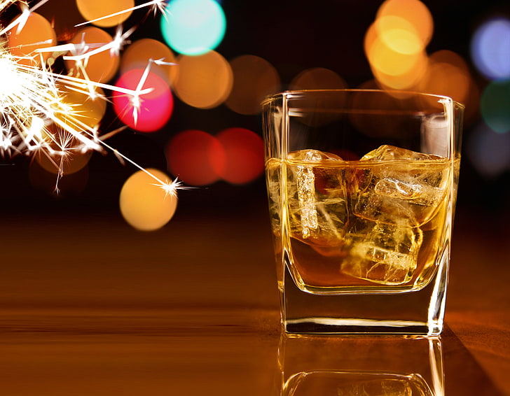 glass, whiskey, lights, ice cubes, food and drink, refreshment, HD wallpaper