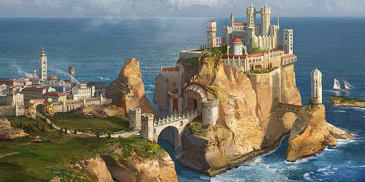 gray and beige castle on cliff poster screenshot, sea, rocks