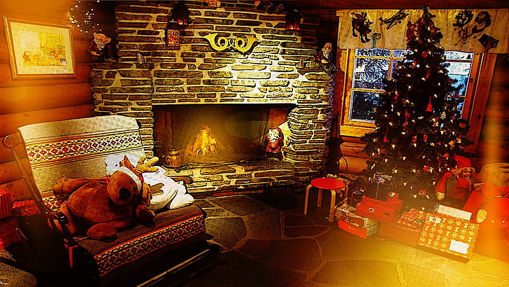 lights, fireplace, Christmas, indoors, no people, animal, animal themes, HD wallpaper
