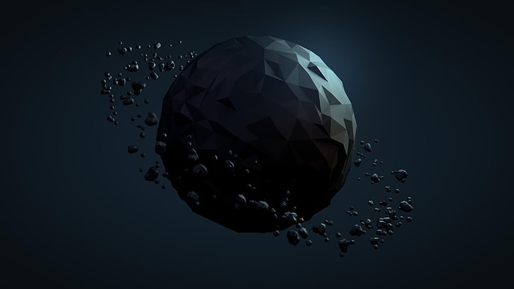black asteroid, low poly, geometry, digital art, planetary rings
