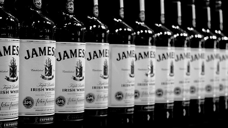 James Irish Whisky bottle lot, black and white, whiskey, jameson, HD wallpaper