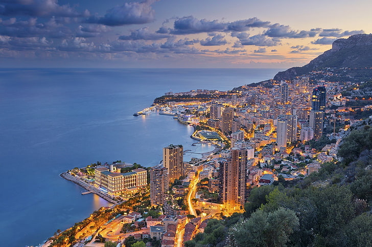yellow skyscraper, sea, panoramas, night, city, Monaco, lights