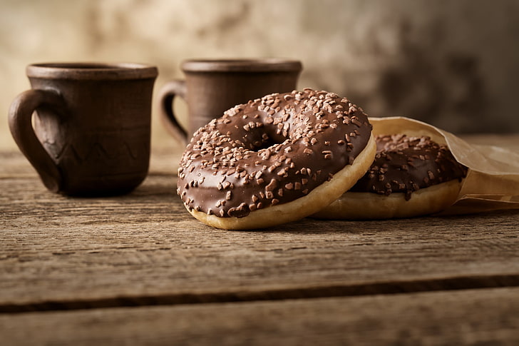 wooden surface, brown, cup, food, donuts, food and drink, freshness, HD wallpaper